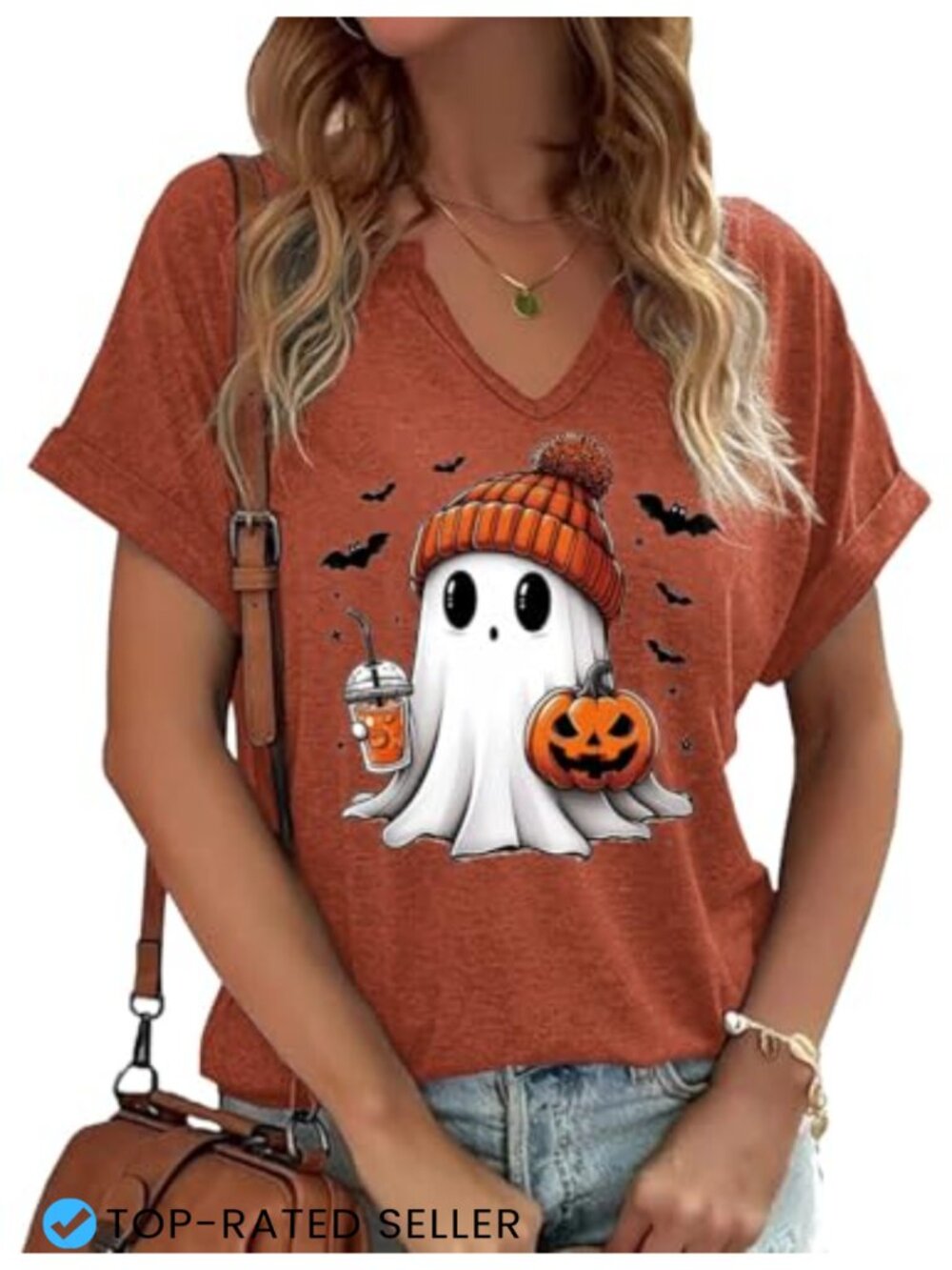 Women's Fall Halloween Ghost Pumpkin V-Neck Short Sleeve Tee
